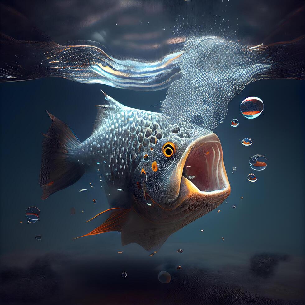3d ilustración de un grande pescado nadando en el agua con burbujas, ai generativo imagen foto