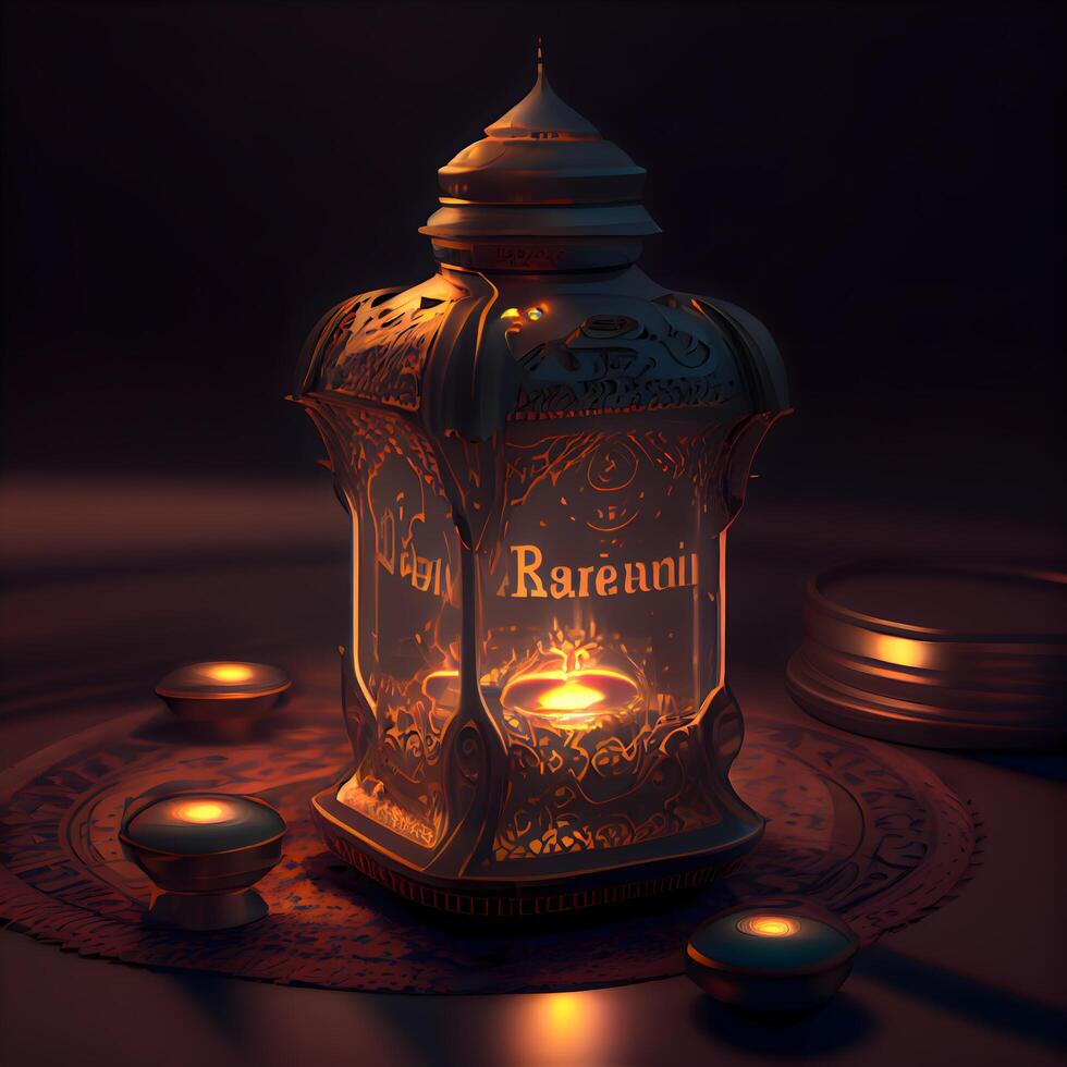 3d rendering of a Ramadan Kareem lantern with a burning candle, Image photo