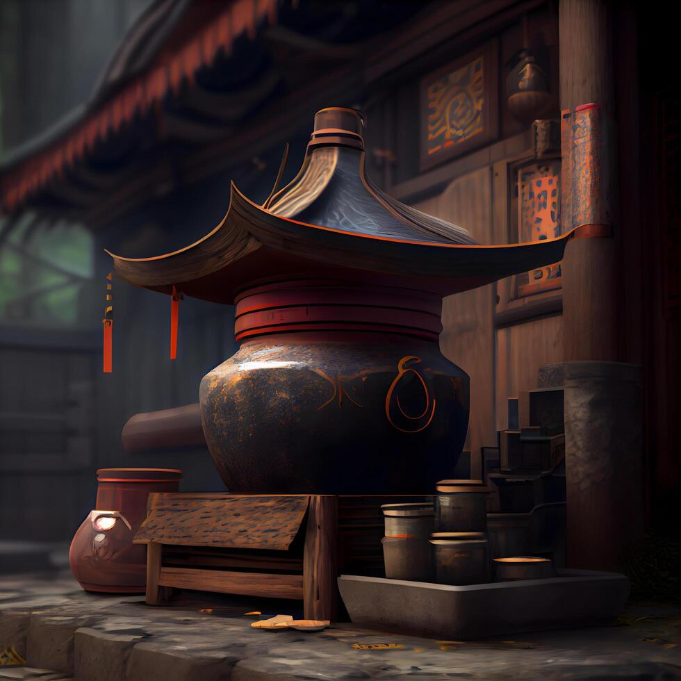 3d rendering of japanese pottery in a chinese temple, Image photo