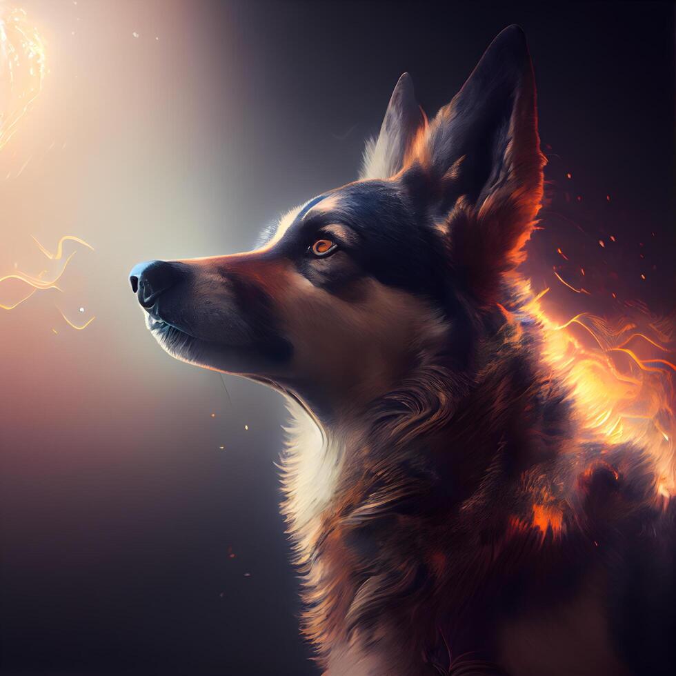 fantasía retrato de un pastor perro con fuego en el fondo., ai generativo imagen foto