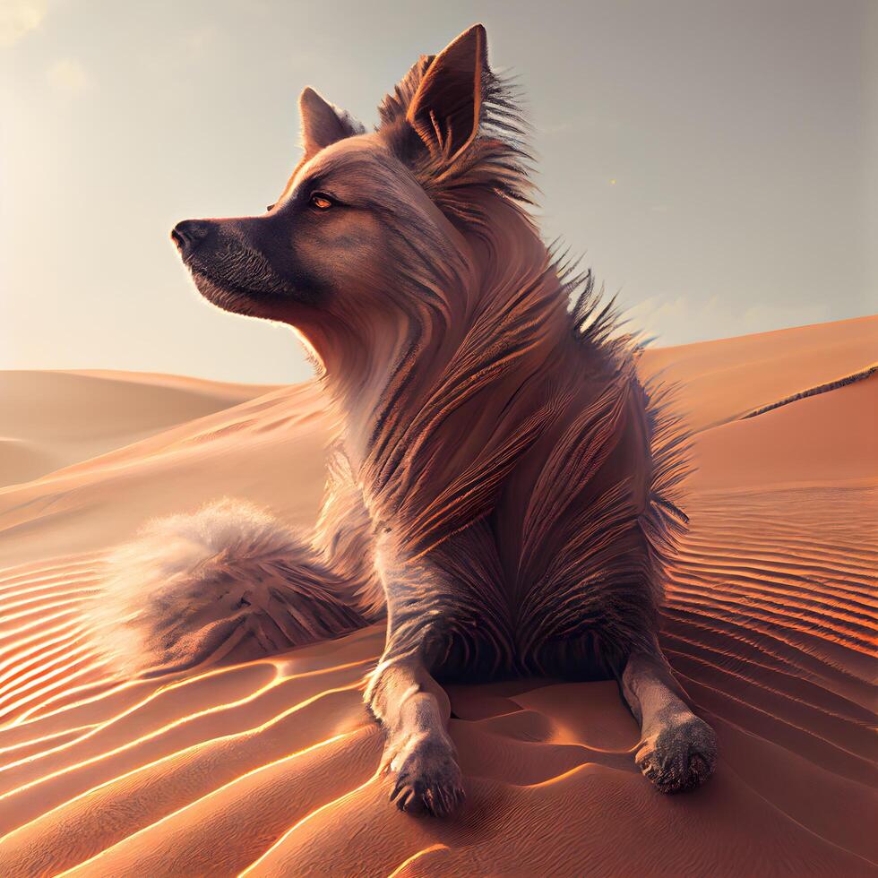 perro en el Sáhara desierto. 3d representación, 3d ilustración., ai generativo imagen foto