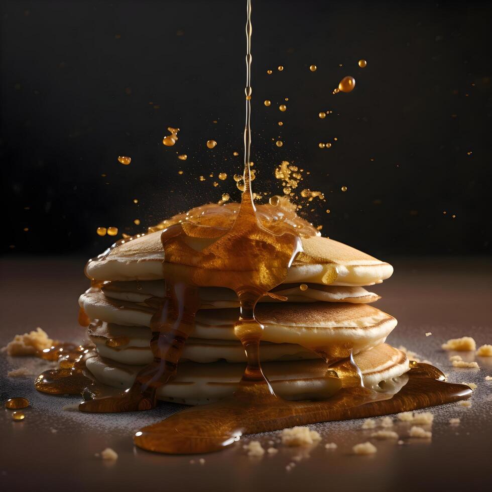 panqueques con miel chapoteo en oscuro antecedentes. 3d representación, ai generativo imagen foto