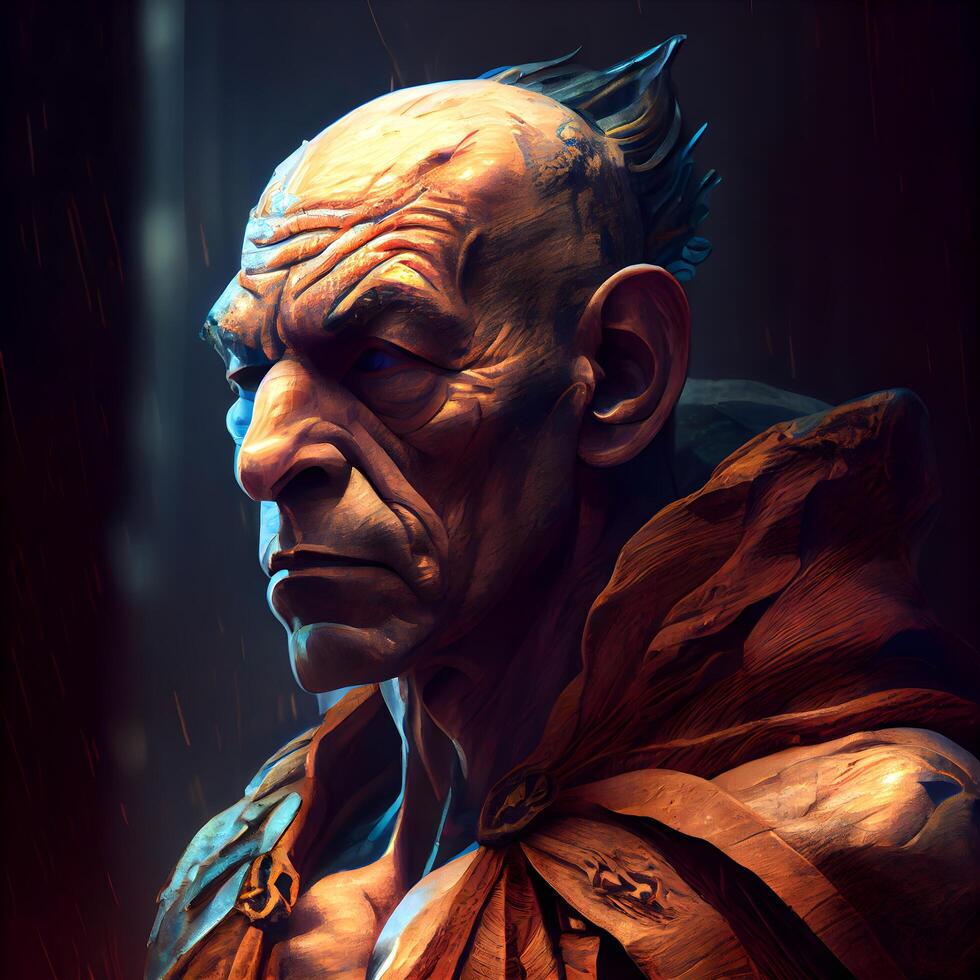 3d rendering of a fantasy warrior with an orange skin on his face, Image photo