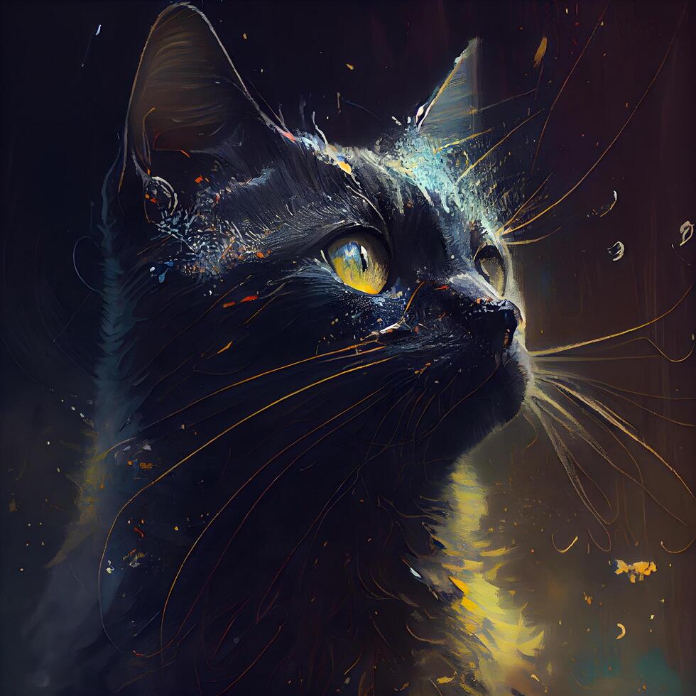 Black cat with yellow eyes. Artistic painting. 3D illustration., Image photo