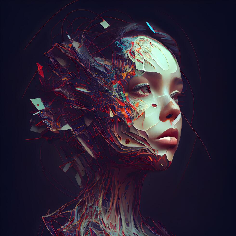 3D rendering of a female robot with futuristic hairstyle on a dark background, Image photo