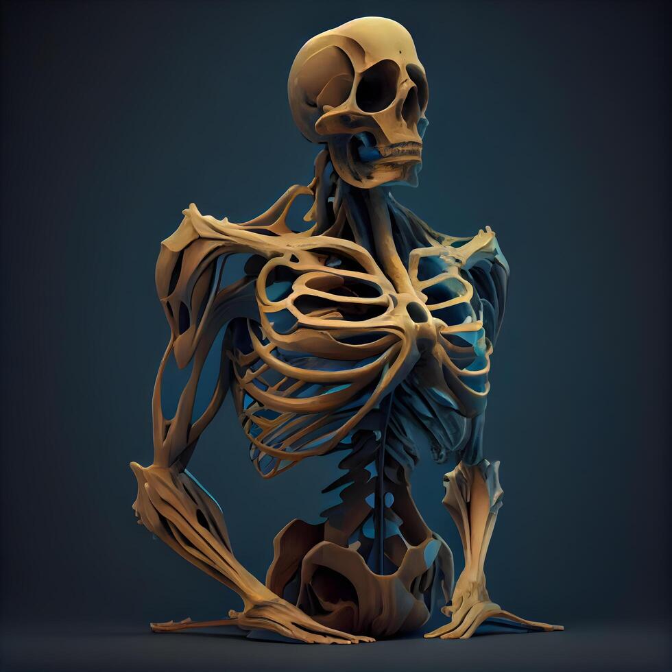 humano esqueleto anatomía, 3d hacer ilustración en oscuro antecedentes con sombra, ai generativo imagen foto