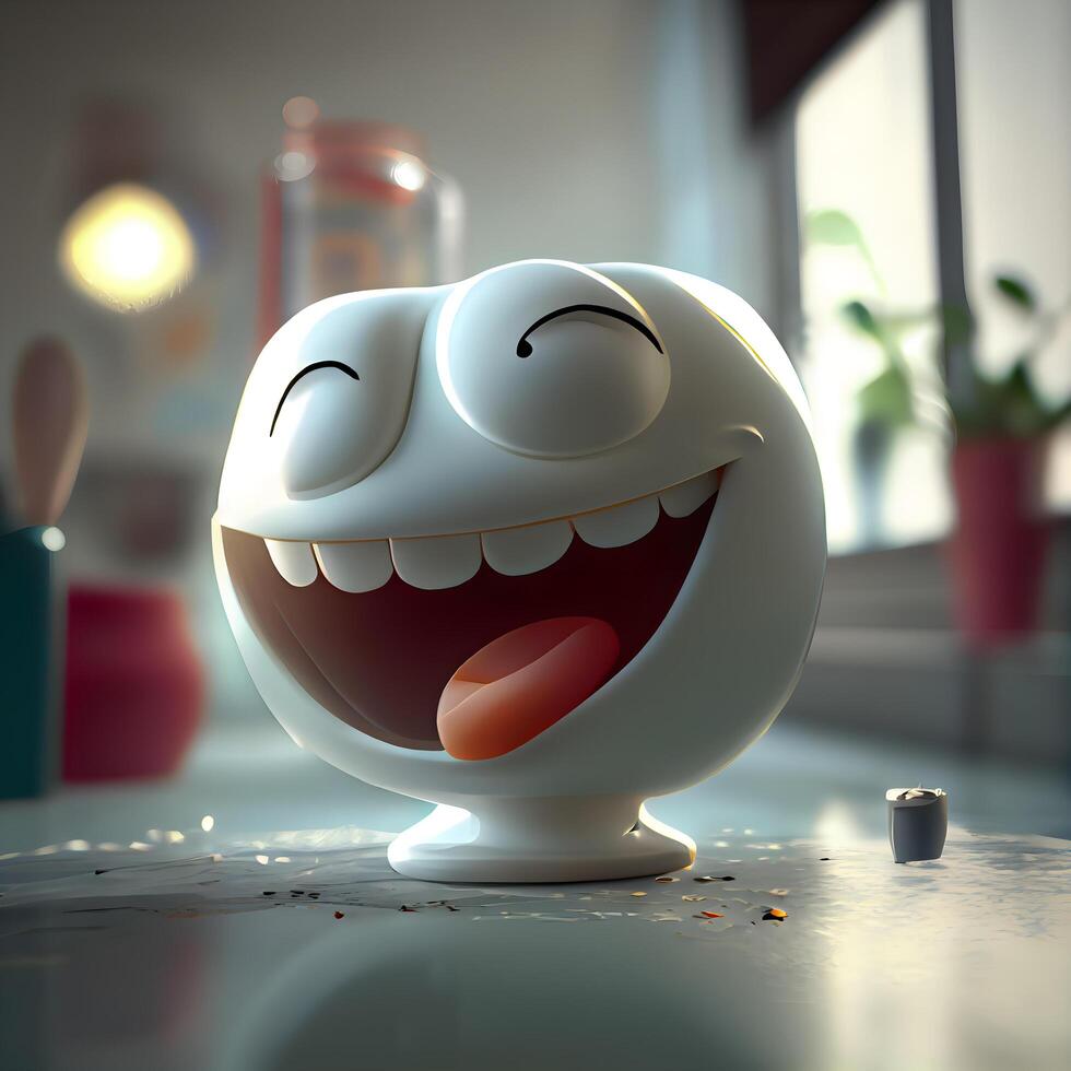 3d ilustración de un blanco sonriente con ojos y boca en el mesa, ai generativo imagen foto