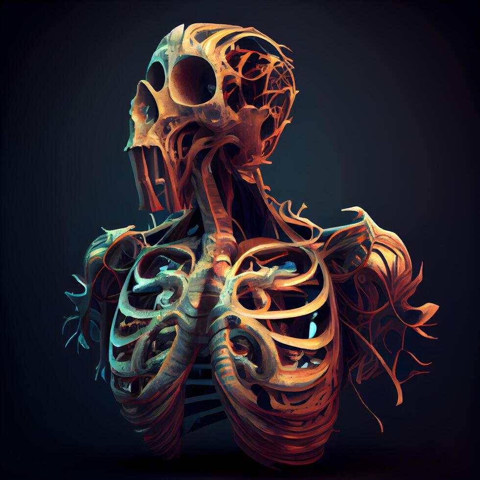 Human skeleton anatomy on a dark background. 3d render illustration., Image photo