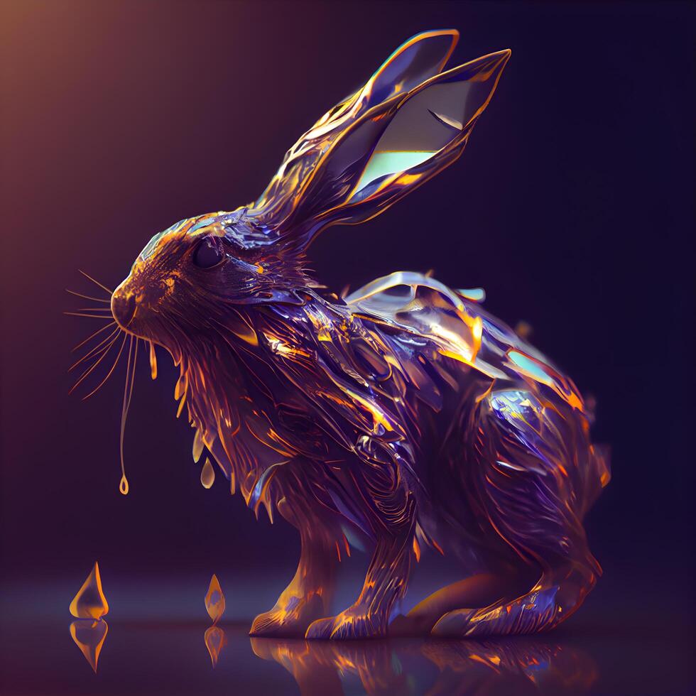 3d rendering of a hare in neon light with water drops, Image photo