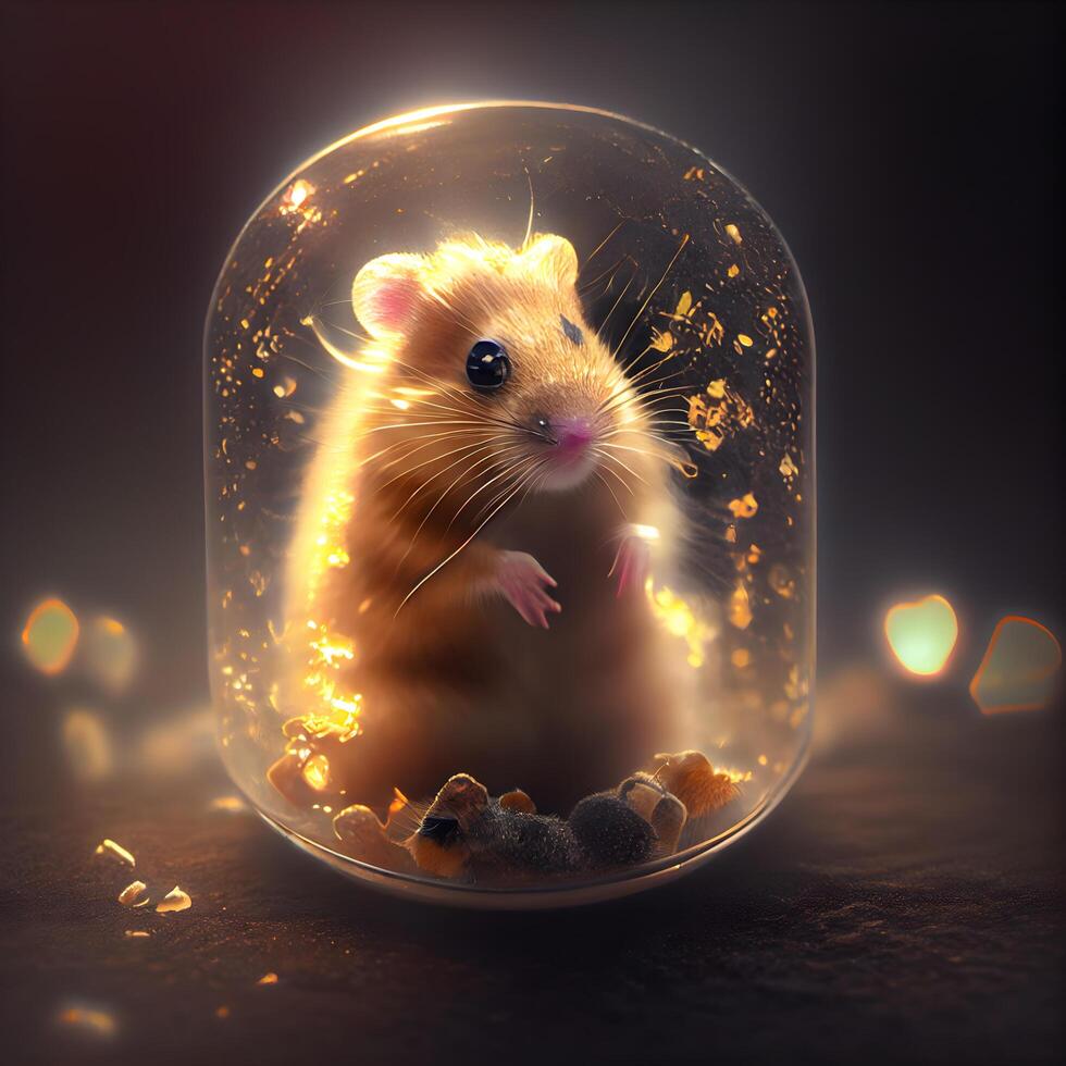 Hamster in a glass jar with bokeh background. 3d rendering, Image photo
