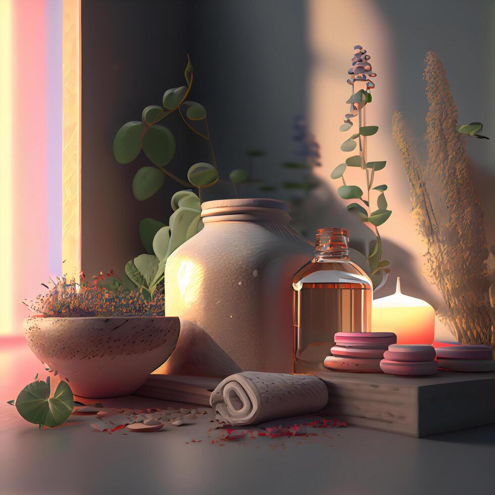 3d illustration of a vase in a room with flowers and plants, Image photo