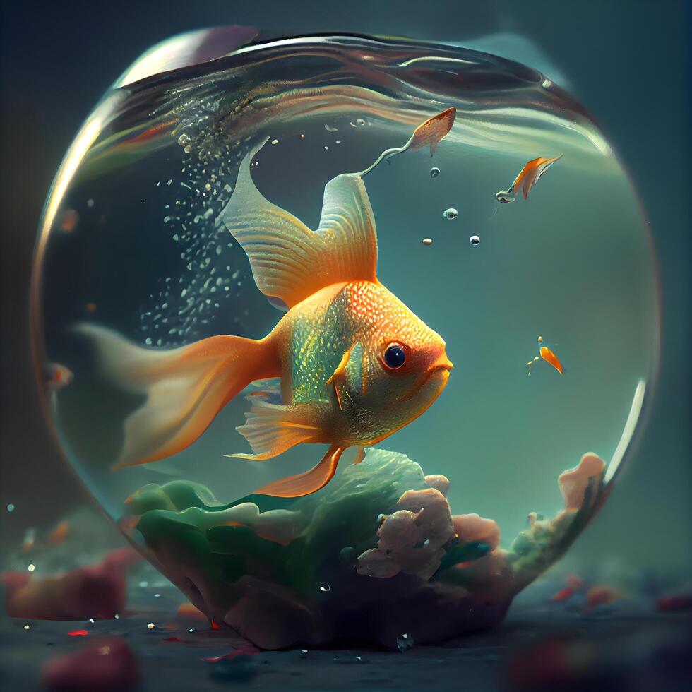 Goldfish in a glass aquarium. 3d rendering. Vintage style., Image photo