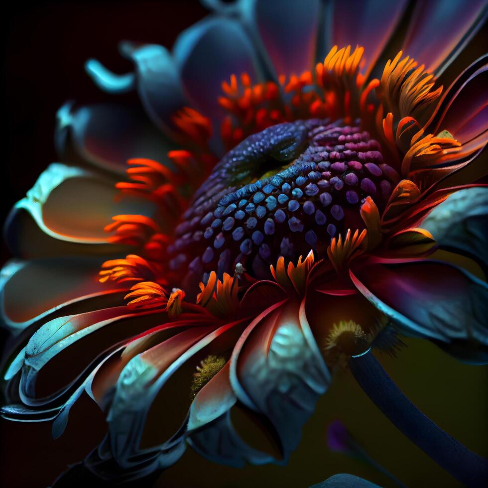 hermosa resumen flor en un oscuro antecedentes. digital fractal Arte. 3d representación., ai generativo imagen foto