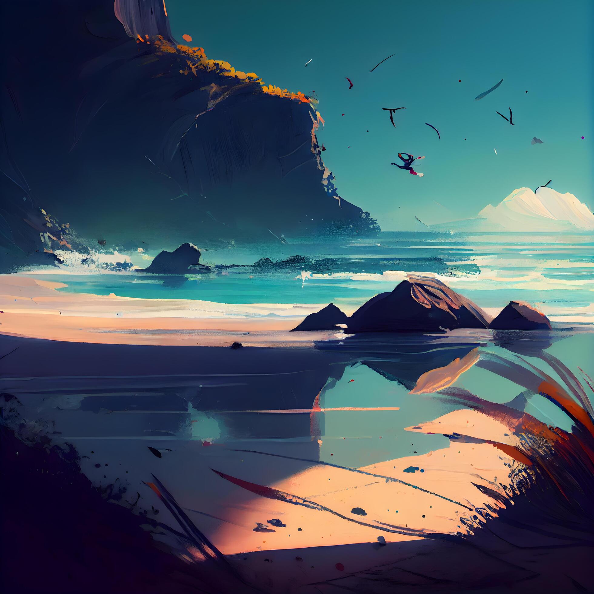 Fantasy landscape with mountains, sea and sky. Digital painting., Ai
