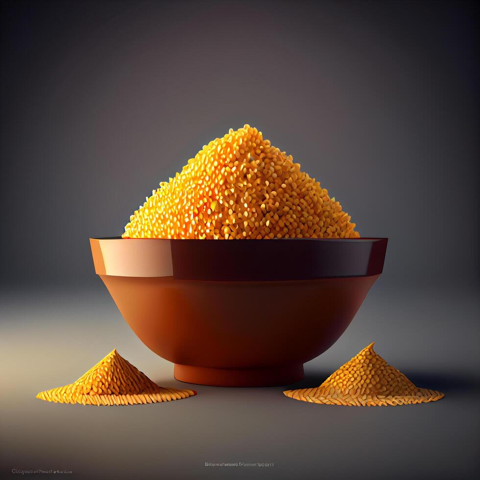 Illustration of a bowl full of corn seeds on a dark background, Image photo