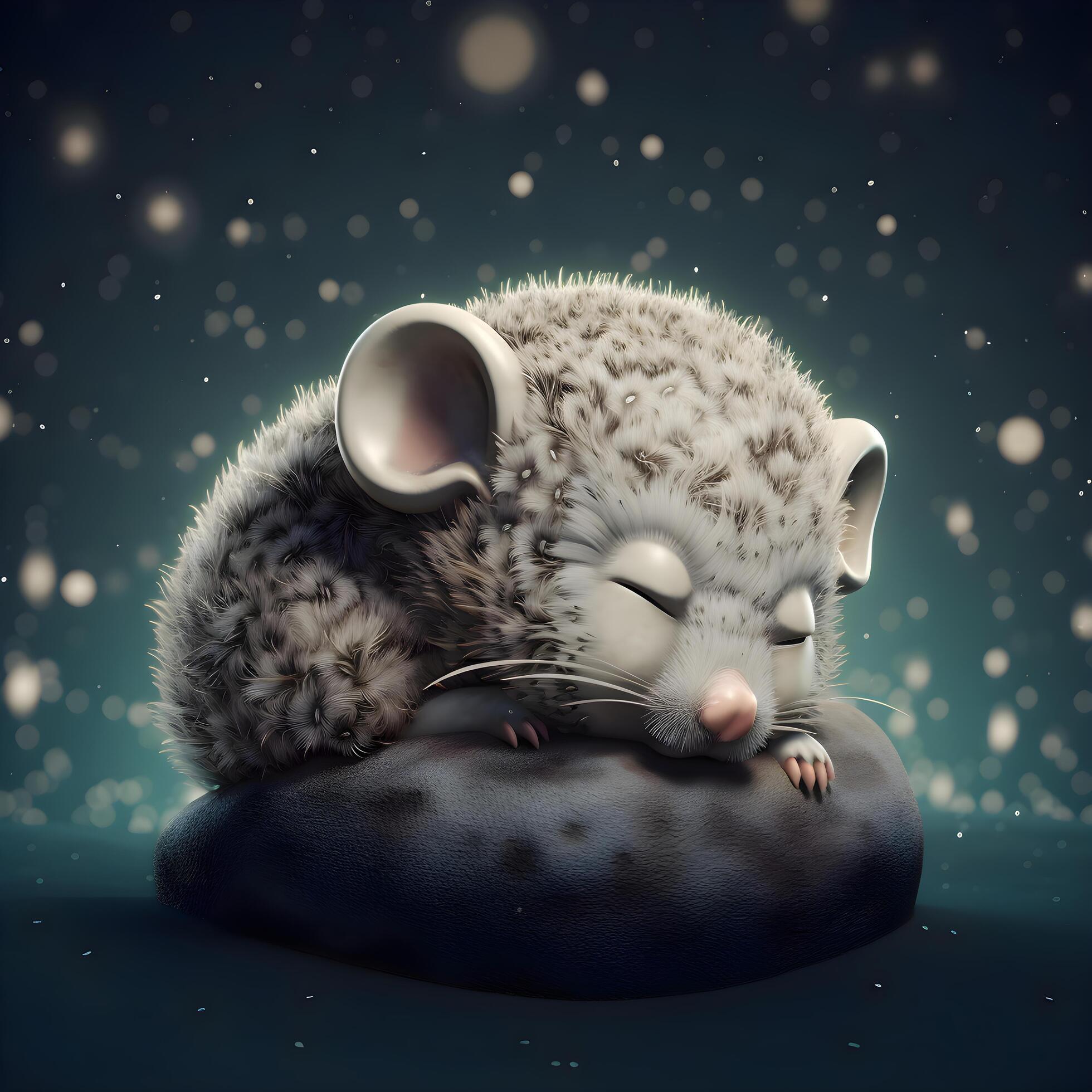 Cute mouse sleeping on a rock. 3d illustration. Winter background
