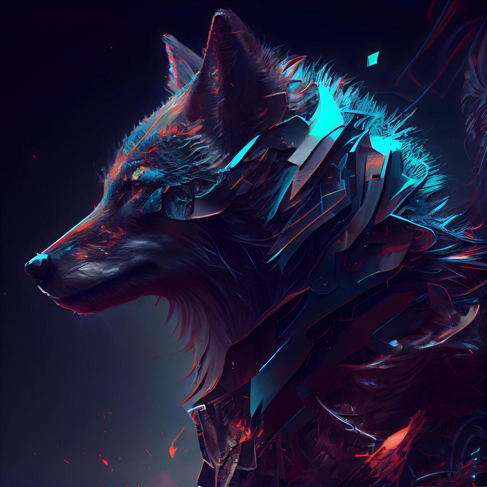 3D rendering of a female wolf with cyberpunk style on a dark background, Image photo