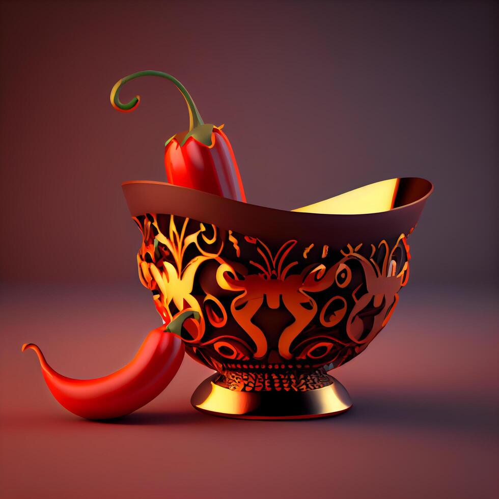 Chili oil and red pepper on dark background. 3d illustration, Image photo