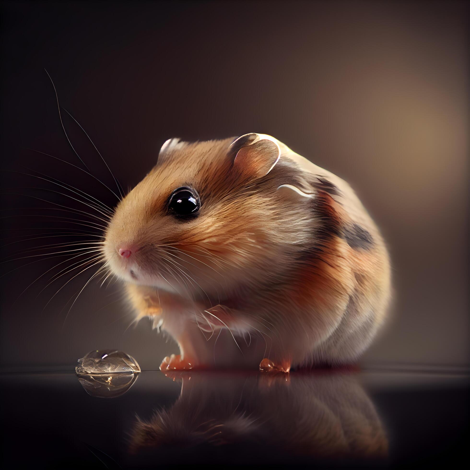 Hamster on a dark background with a glass ball in its mouth Ai