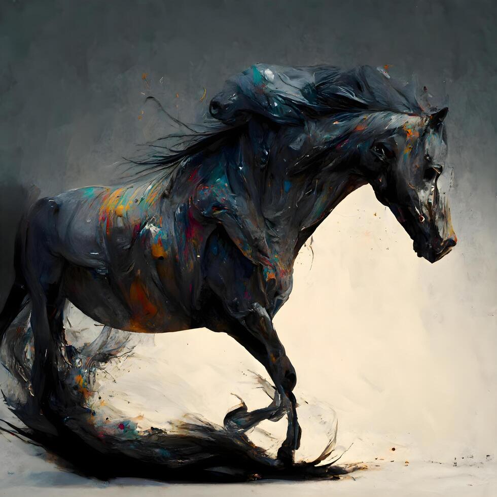 Horse with paint splashes on a gray background. Digital painting, Image photo