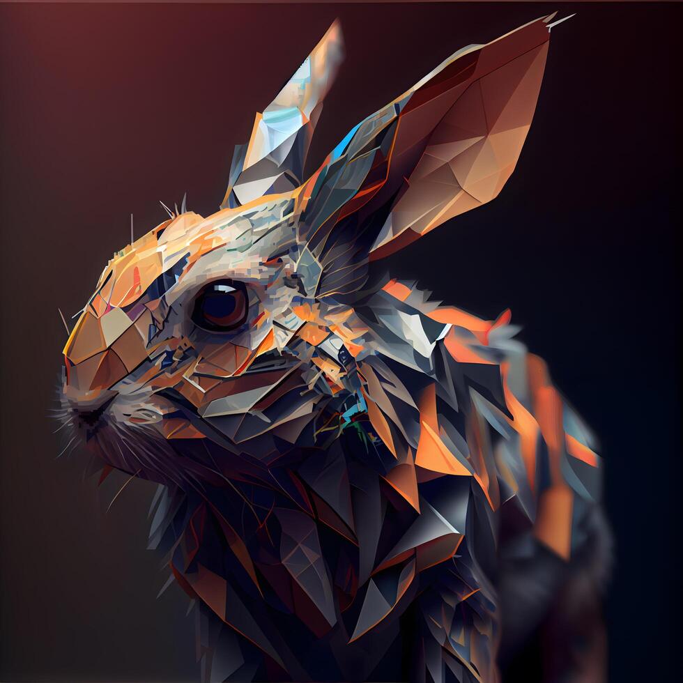 3d rendering of a hare in low poly style on dark background, Image photo