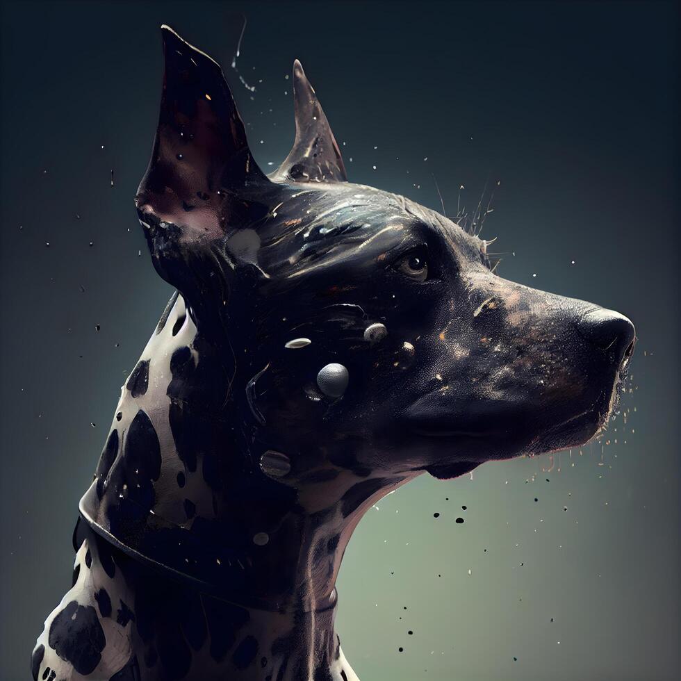 Doberman dog portrait with splashes of water on a dark background, Image photo