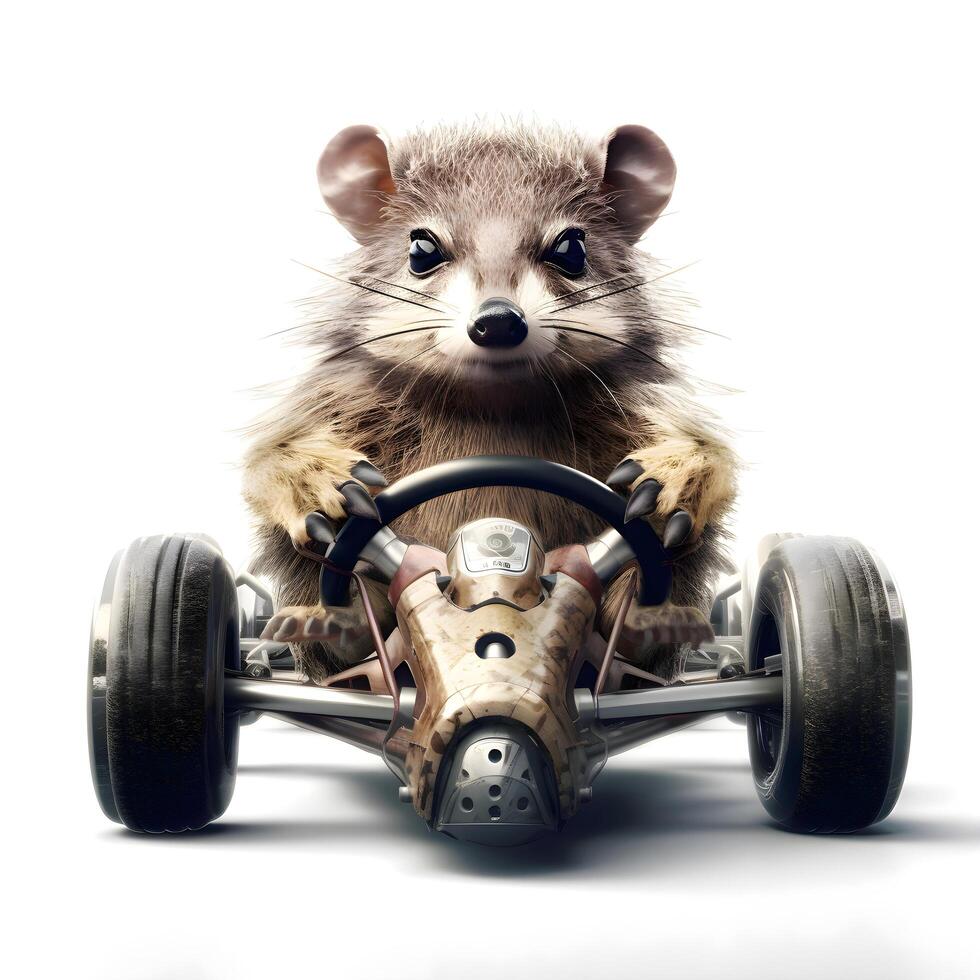 raccoon on a racing car isolated on a white background., Image photo