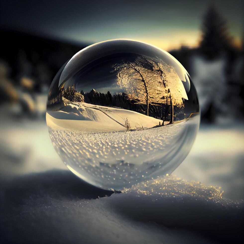 Crystal ball with winter landscape in the background. 3D rendering., Image photo