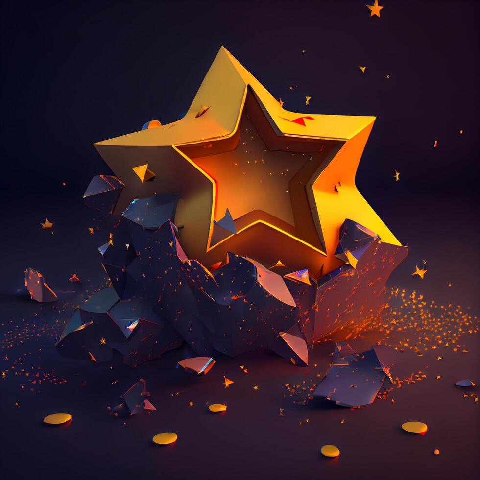 3d rendering of golden star on a dark background with cracked debris, Image photo