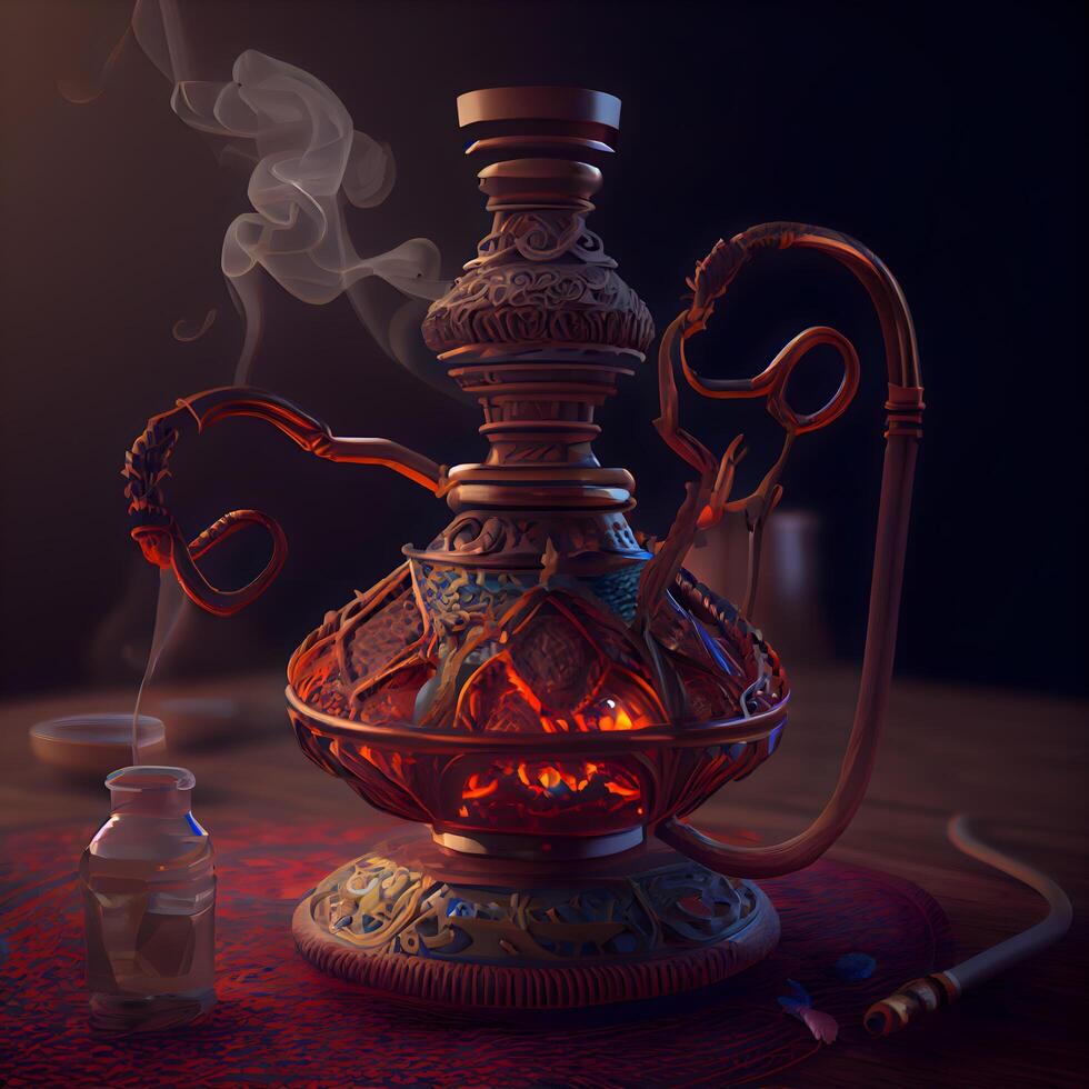 Arábica narguile en un oscuro antecedentes con fumar. de cerca., ai generativo imagen foto