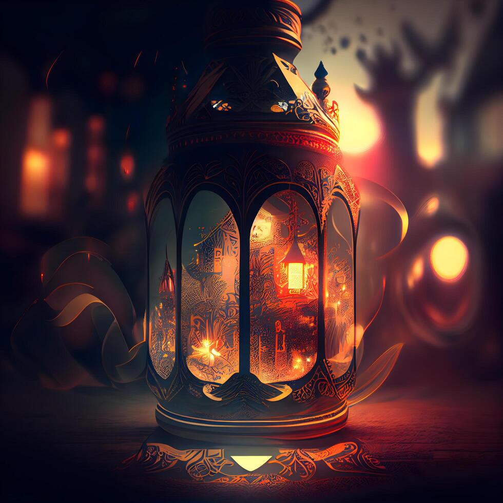 Lantern in the dark. 3D illustration. Vintage style., Image photo