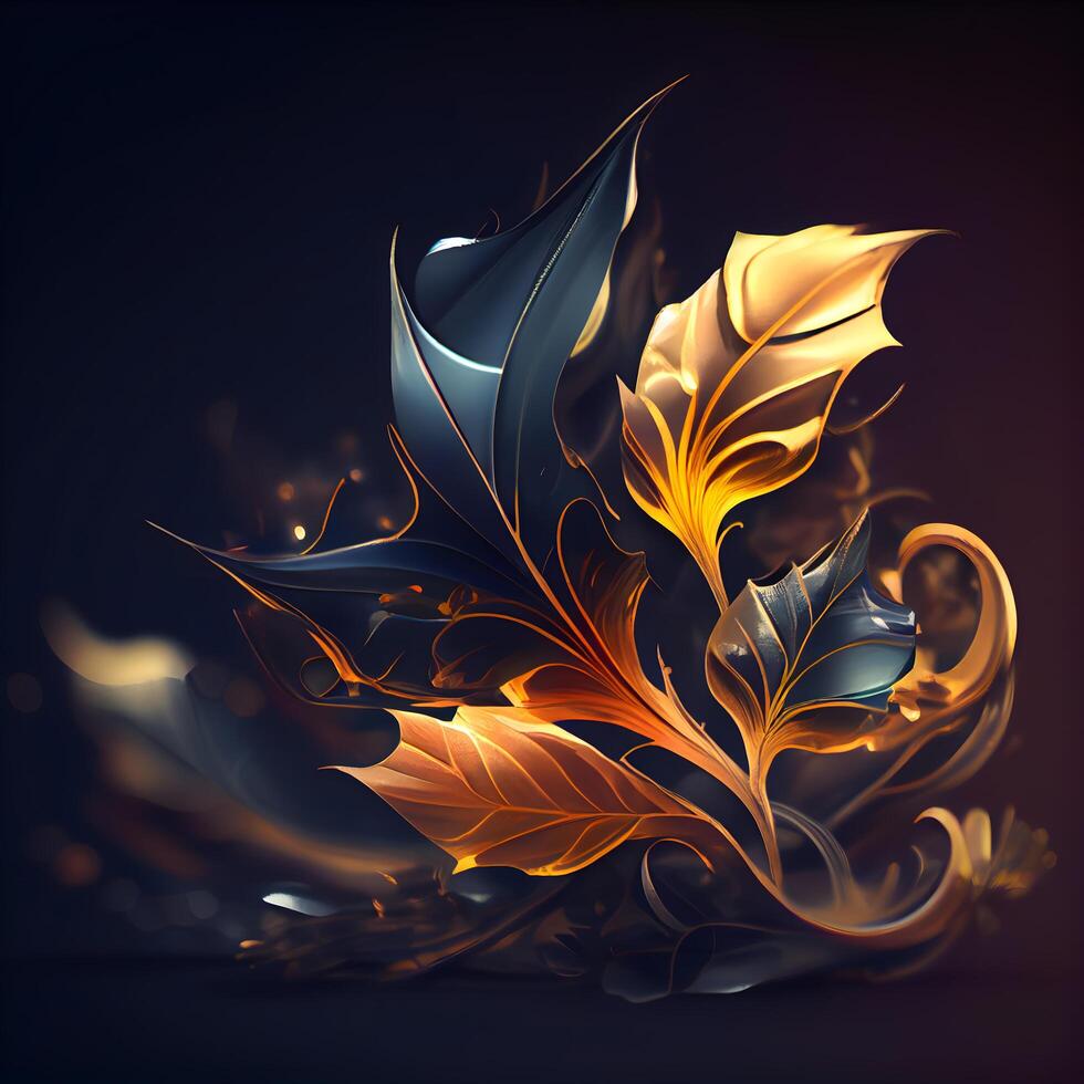 3d illustration, abstract composition, golden and blue leaves on a black background, Image photo