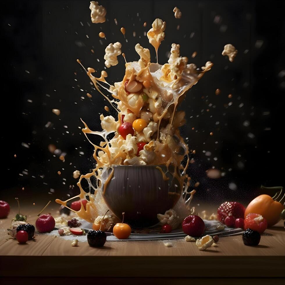 Splash of caramel with a human brain on a black background., Image photo