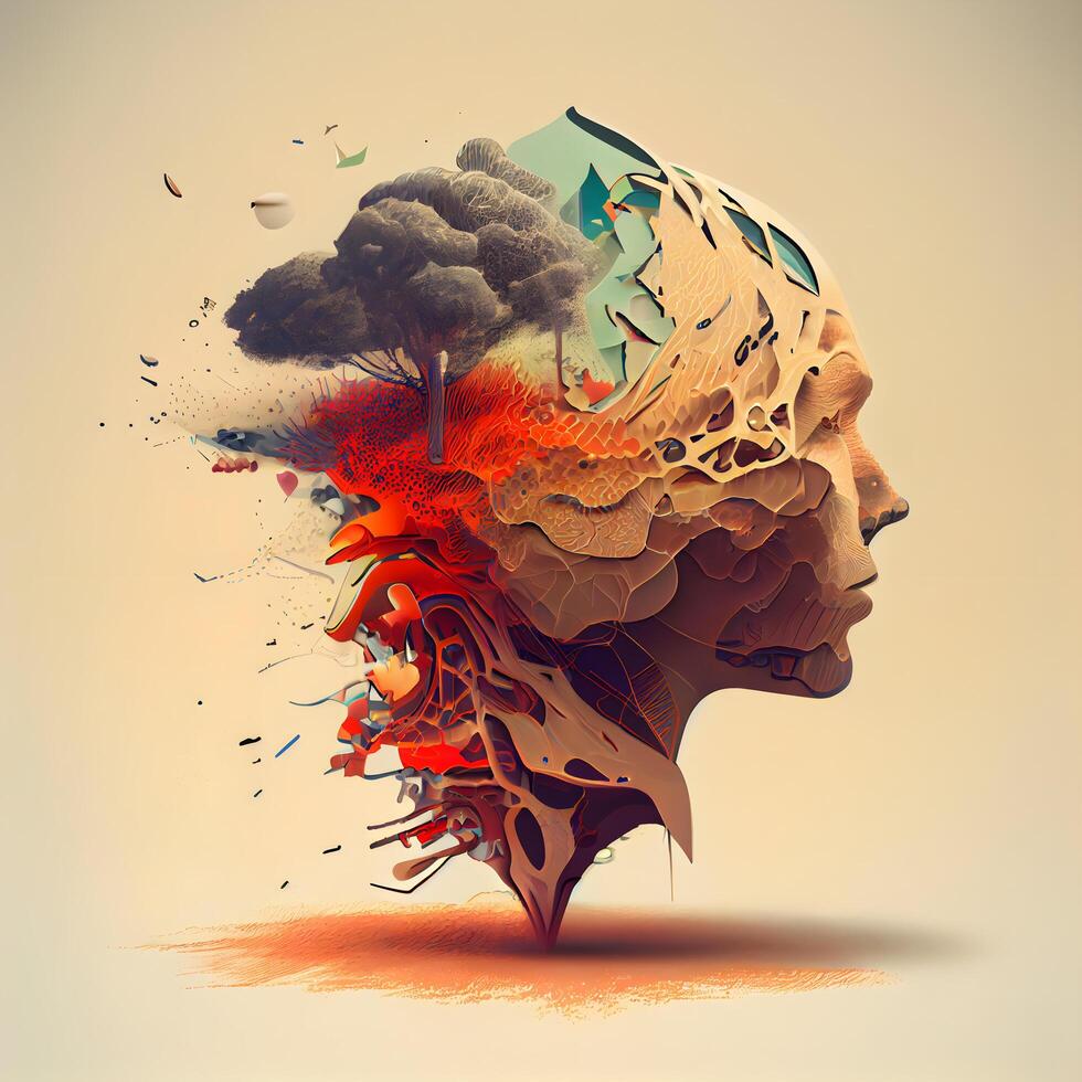 3d illustration of human head with explosion effect. Mental health concept., Image photo