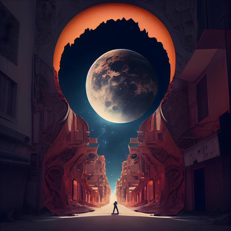 Mysterious woman standing in front of the door to the moon, Image photo
