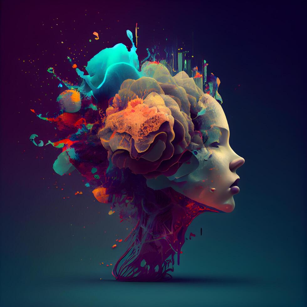Human head with abstract colorful paint splashes. 3d illustration., Image photo
