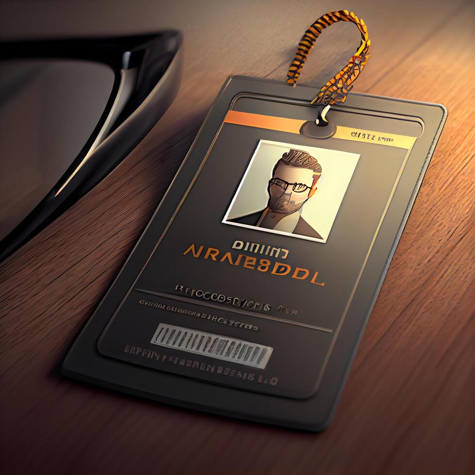 Identification card and glasses on a wooden table. 3d rendering, Image photo