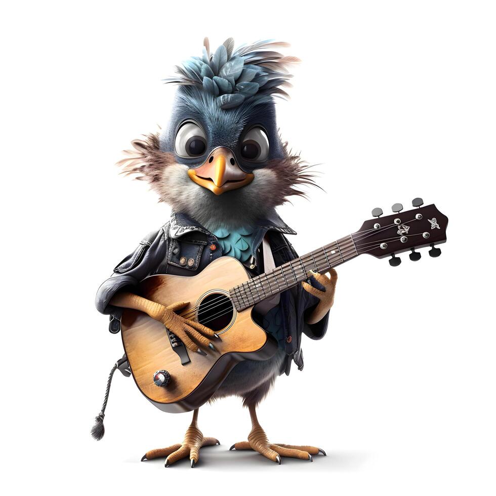 linda pollo con guitarra aislado en blanco antecedentes. 3d ilustración., ai generativo imagen foto
