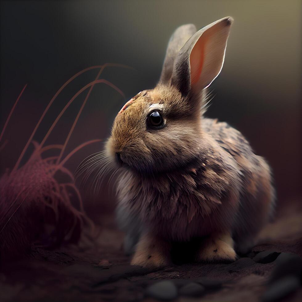 Cute little brown rabbit on a dark background. Easter concept., Image photo