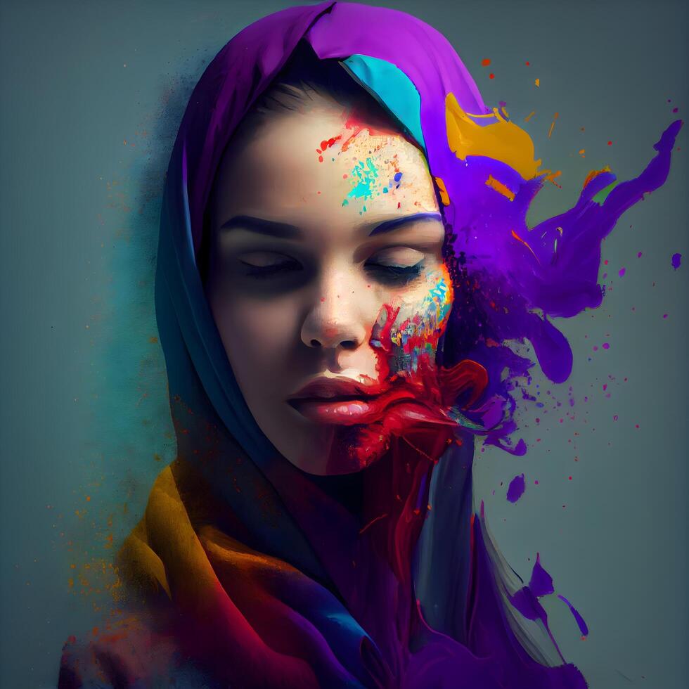 Portrait of beautiful young woman with creative make up and colorful paint splashes, Image photo