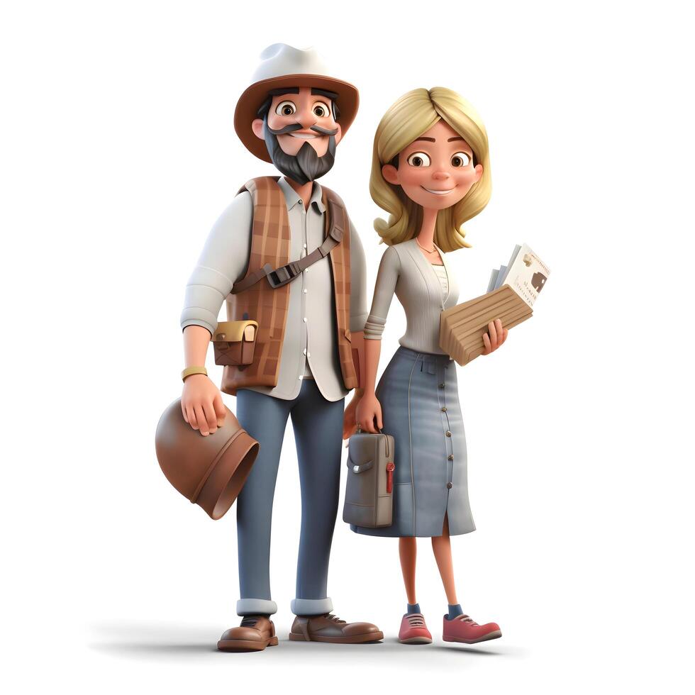 Couple of tourists with suitcases isolated on white background. illustration., Image photo