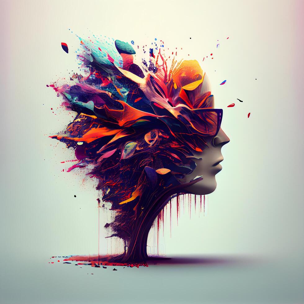 Abstract human head with colorful paint splashes. 3d illustration., Image photo