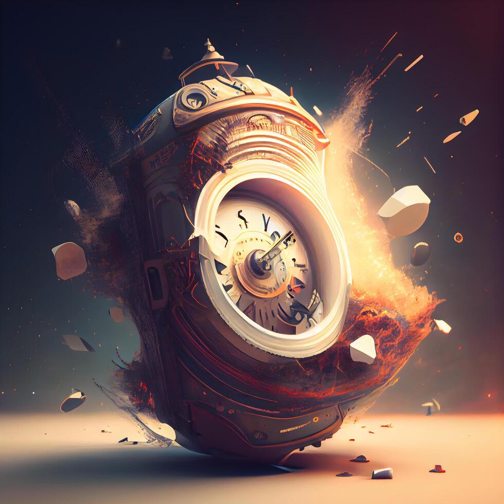 Old clock exploding with fire and smoke. Time concept. 3D Rendering, Image photo