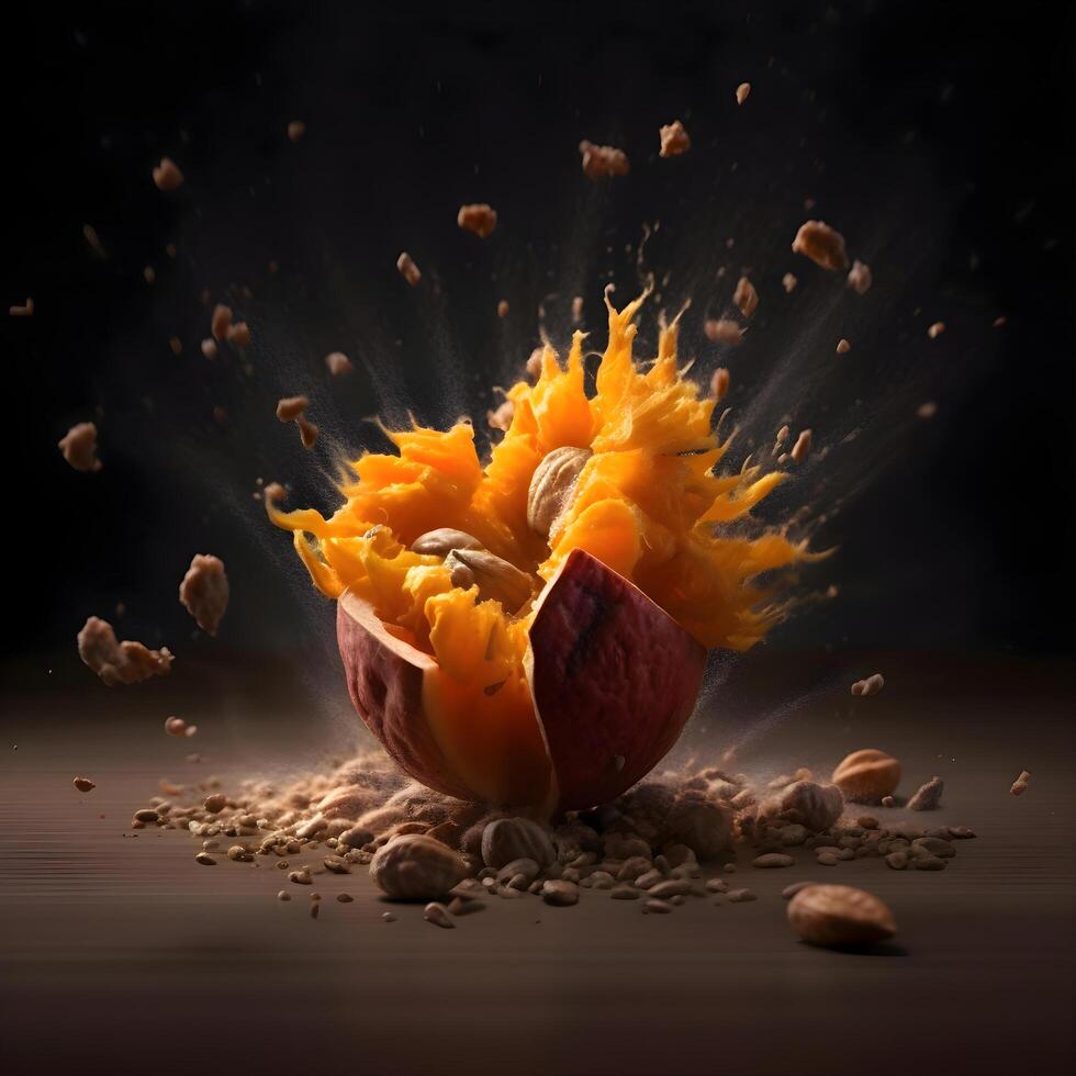 Splash of orange juice with nuts and seeds on a black background, Image photo