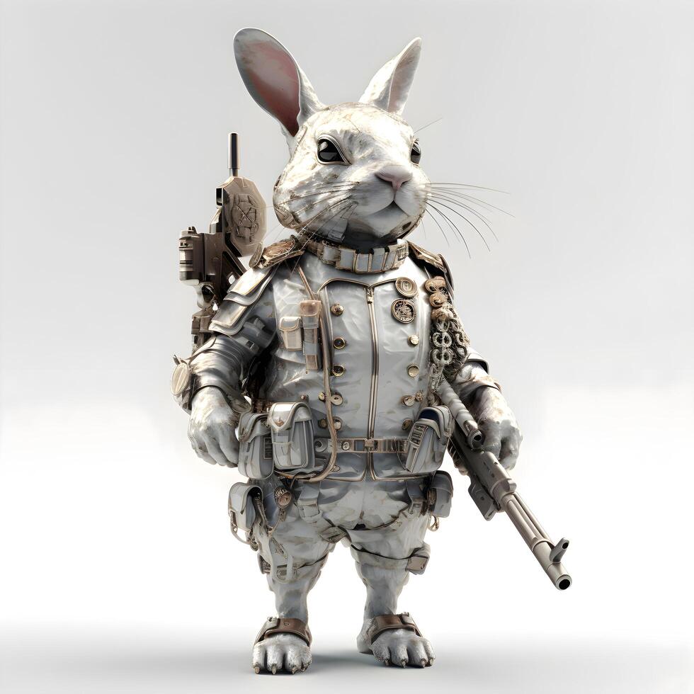 Rabbit astronaut with a gun on a white background. 3d illustration, Image photo