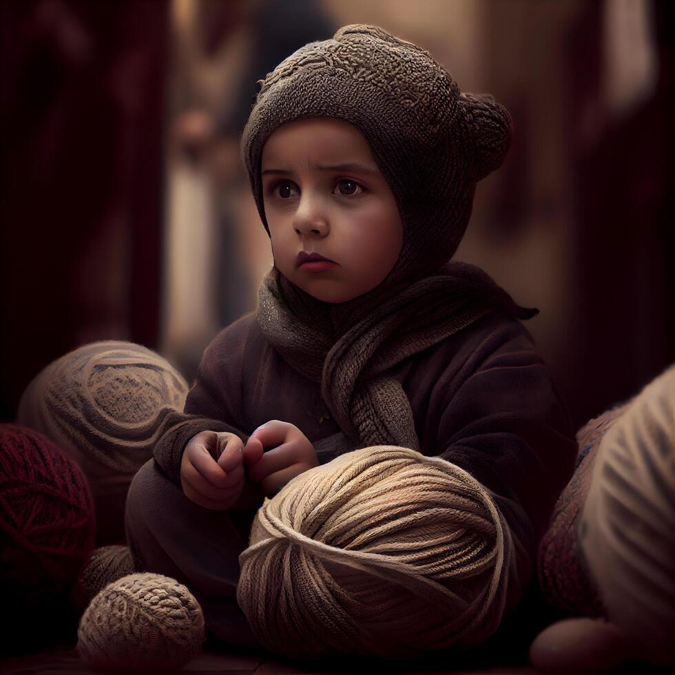 Cute little boy playing with balls of wool. Selective focus., Image photo