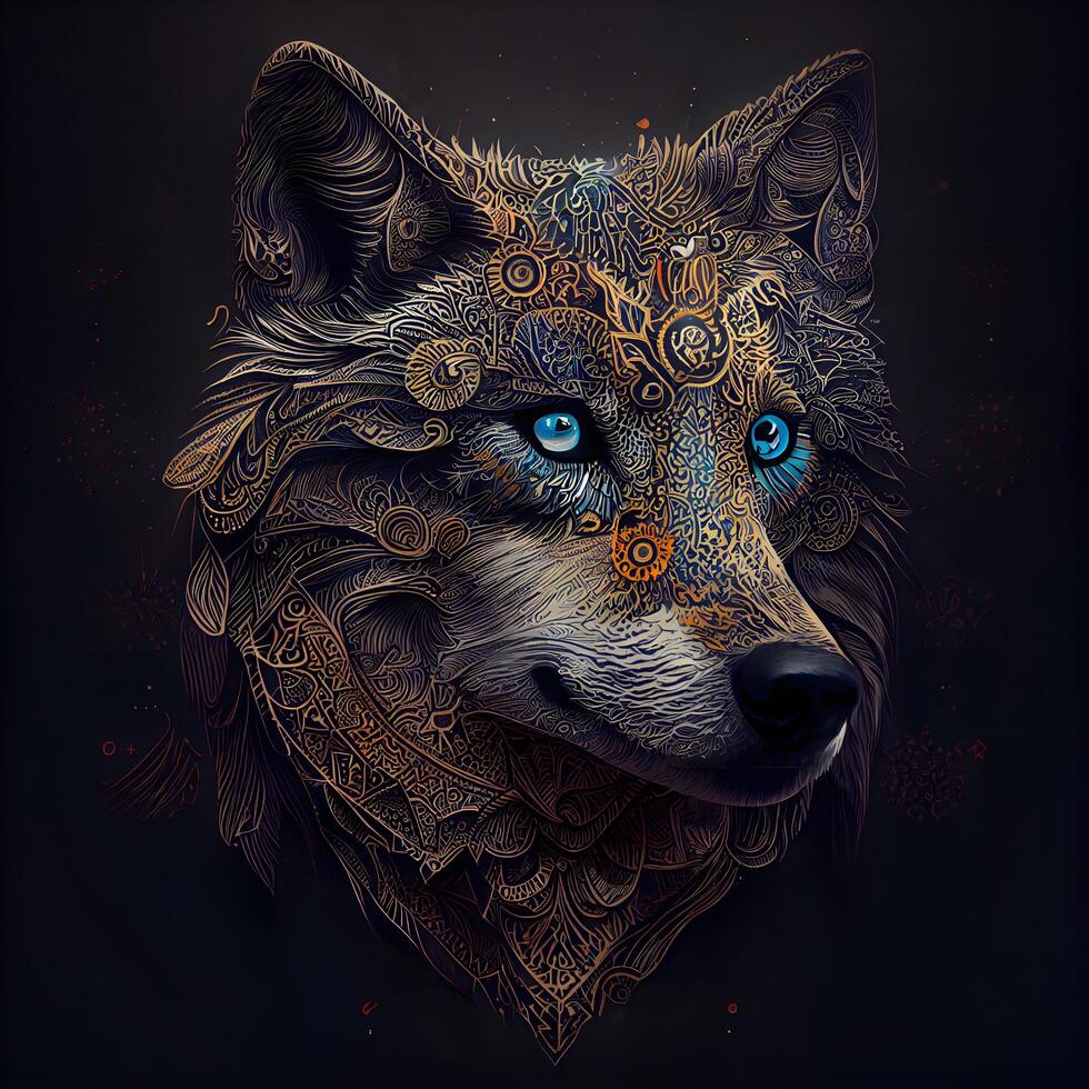 Stylized portrait of a wolf with ornamental pattern on the face., Image photo