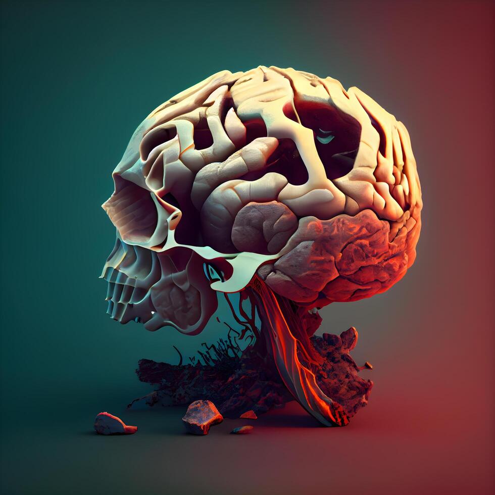 humano cerebro, 3d prestar, computadora generado ilustración, oscuro fondo, ai generativo imagen foto