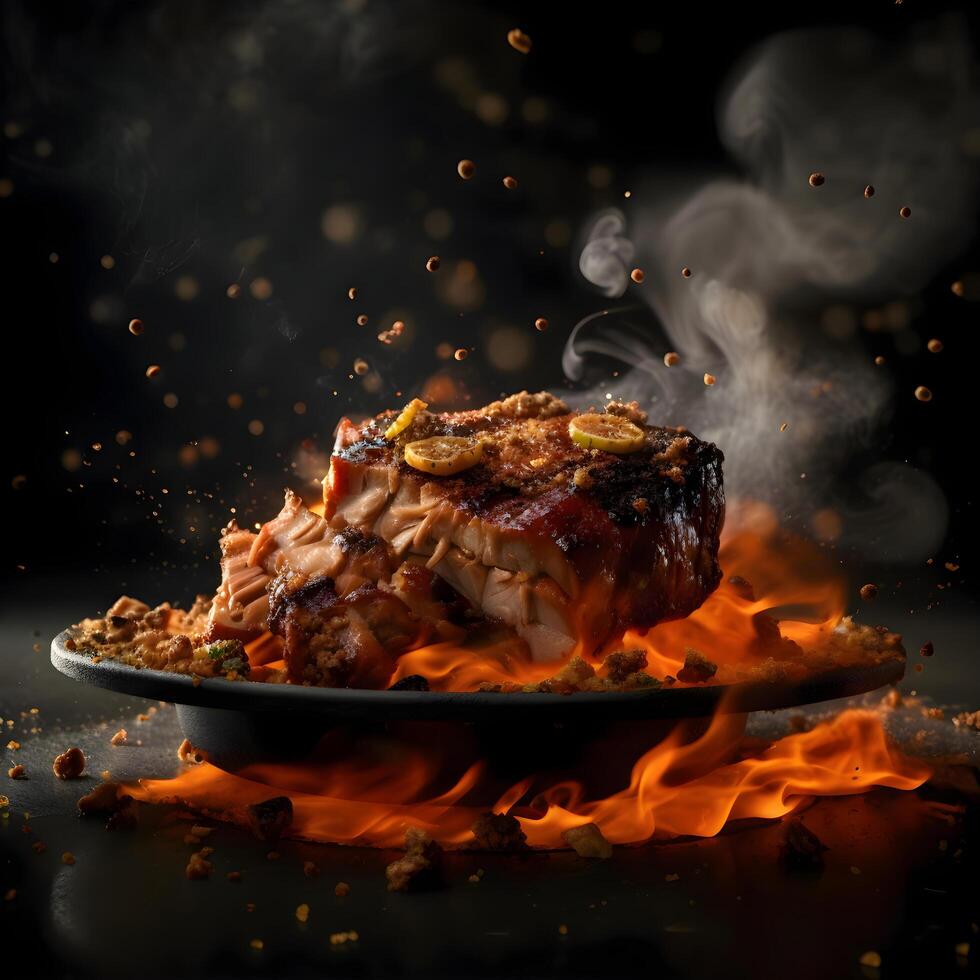 Burger with fire and flames on a black background. Copy space., Image photo