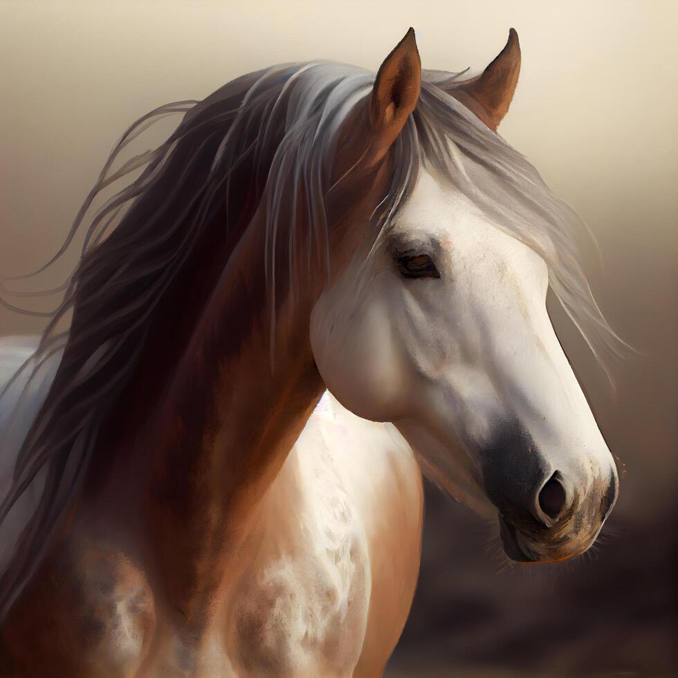 Beautiful white horse with long mane portrait on sunset background., Image photo